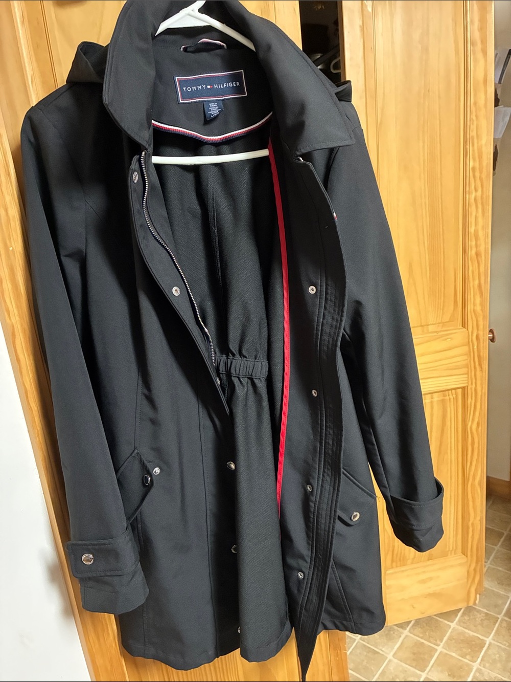Tommy Hilfiger Black Trench Coat with Red Trim